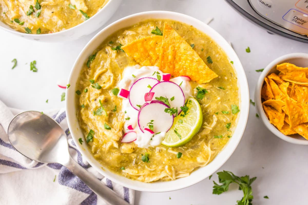 A dish of Instant Pot Chicken Chile Verde.