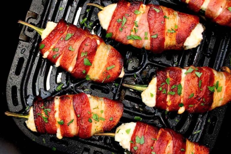 A dish of Air Fryer Bacon Wrapped Jalapeño Poppers.