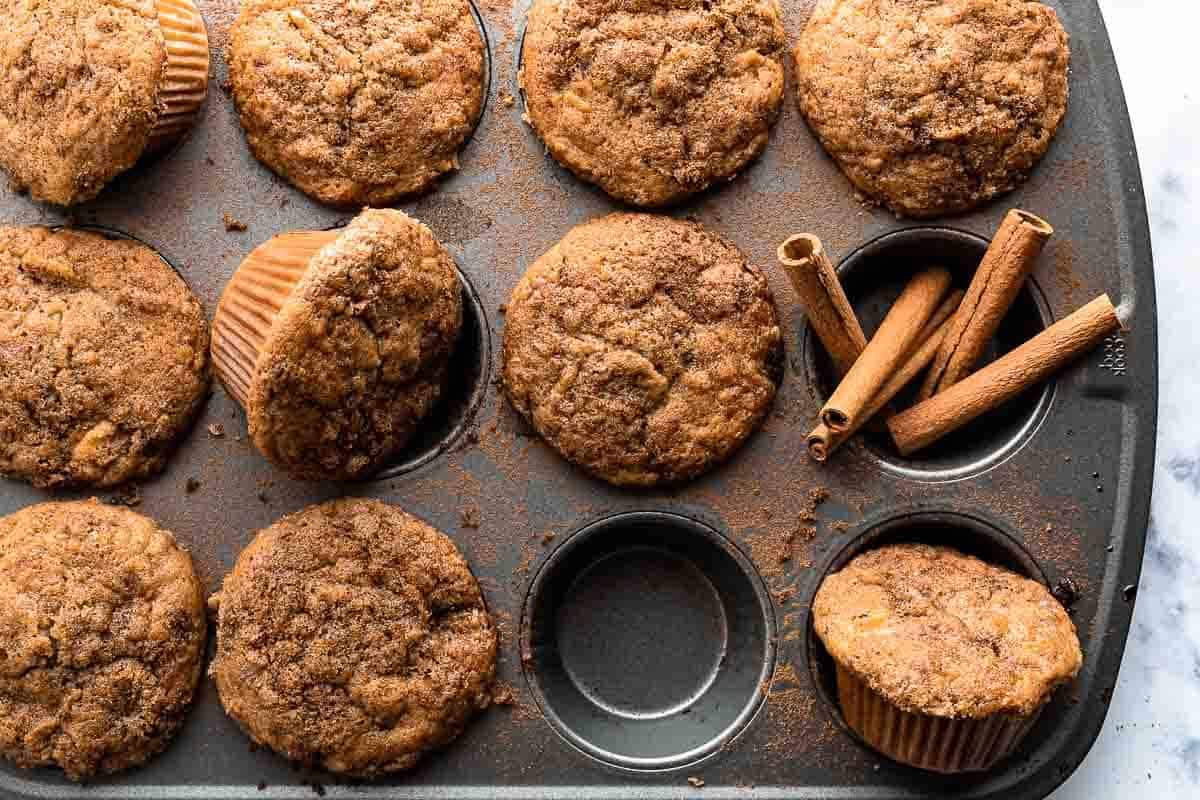 A pan of Brown Butter Apple Muffins.