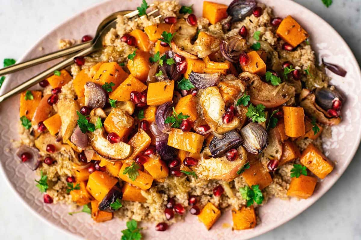 A dish of Roasted Vegetable Quinoa Salad.
