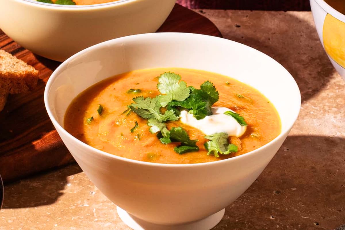 A dish of Carrot Coriander Soup.