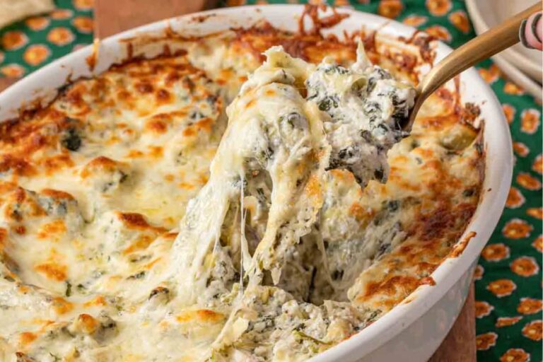 A dish of Easy Crab Spinach Artichoke Dip.
