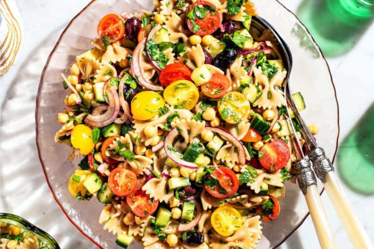 A dish of Chickpea and Cucumber Pasta Salad.
