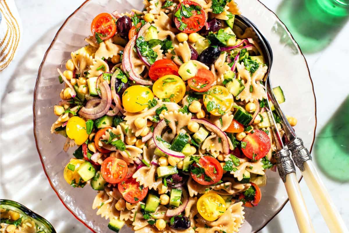 A dish of Chickpea and Cucumber Pasta Salad.