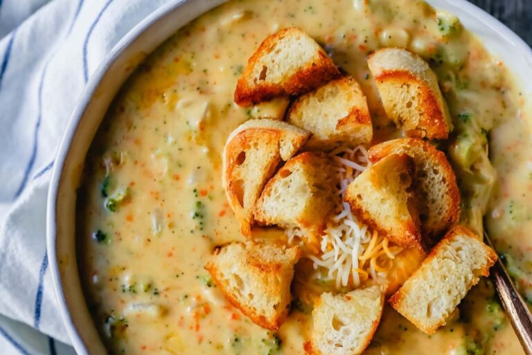 A dish of Broccoli Cheddar Soup.