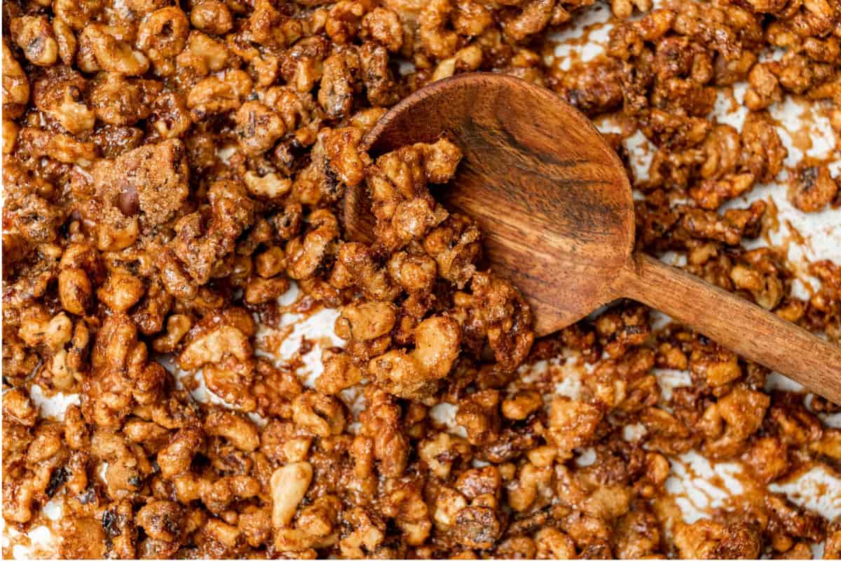 A dish of Candied Walnuts with Brown Sugar.