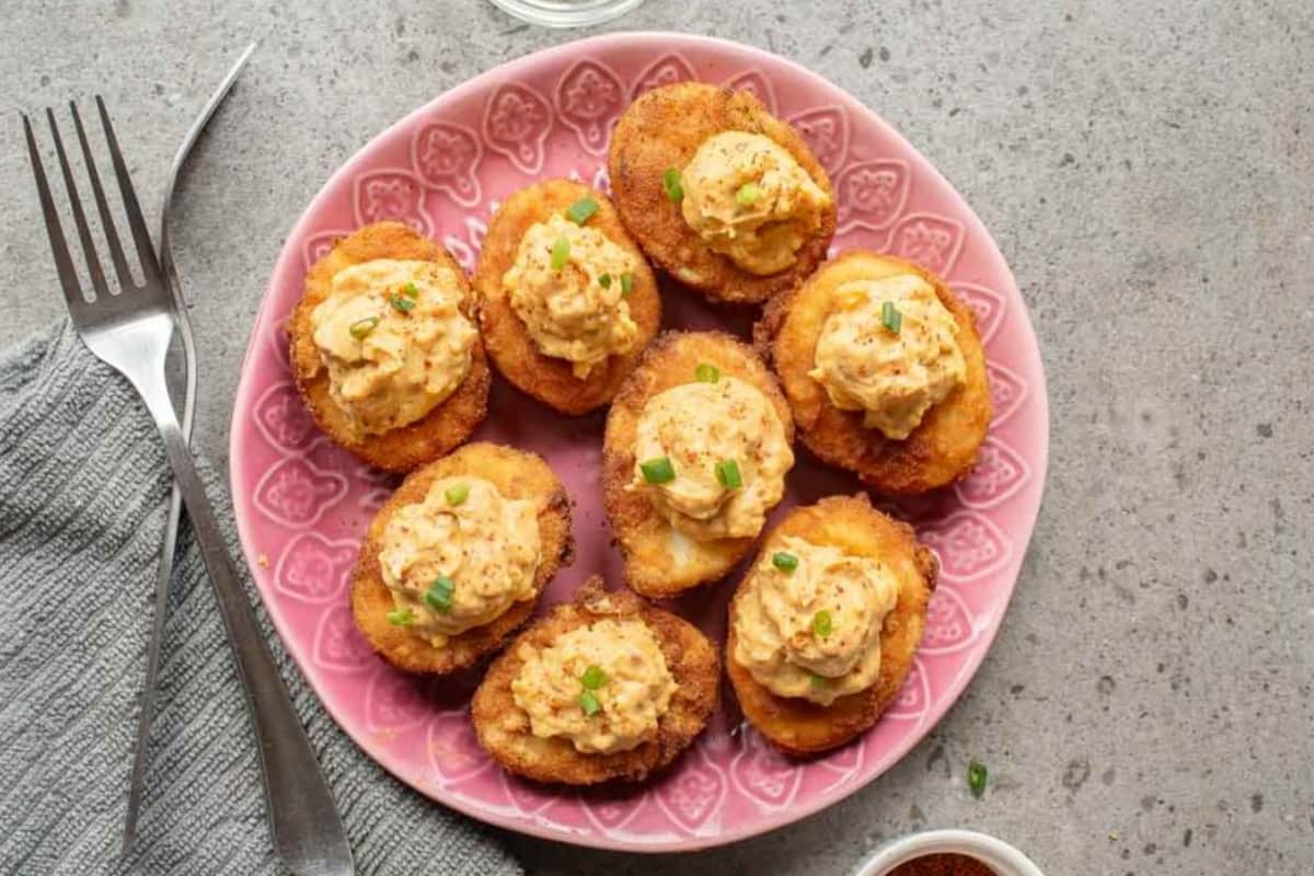 A dish of Fried Deviled Eggs.
