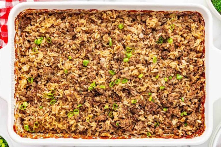 A dish of Hamburger Rice Casserole.