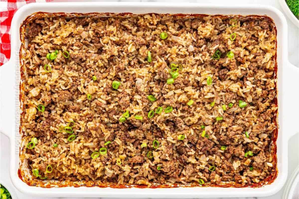 A dish of Hamburger Rice Casserole.