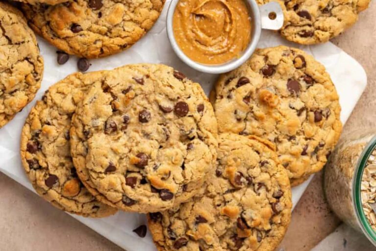 A plate of Peanut Butter Oatmeal Chocolate Chip Cookies.