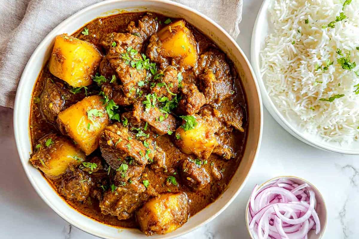 A dish of Home-Style Lamb and Potato Curry.