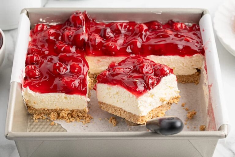 A dish of No Bake Cherry Cheesecake.
