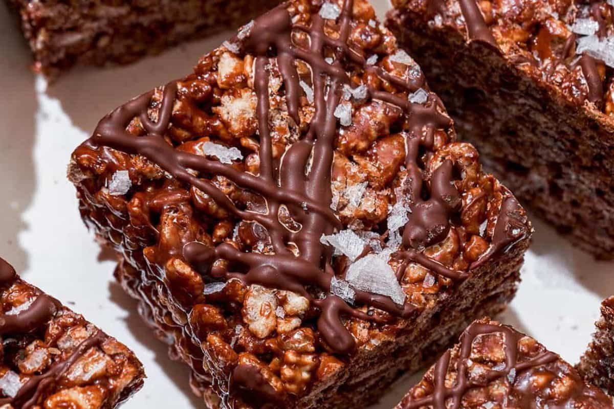 A dish of Chocolate Rice Krispie Treats.