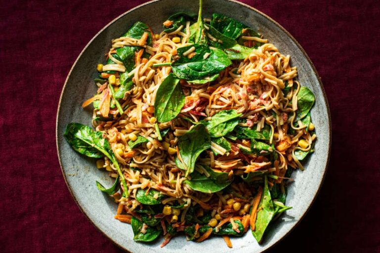 A dish of Ten Minute Peanut Butter Noodle Salad.