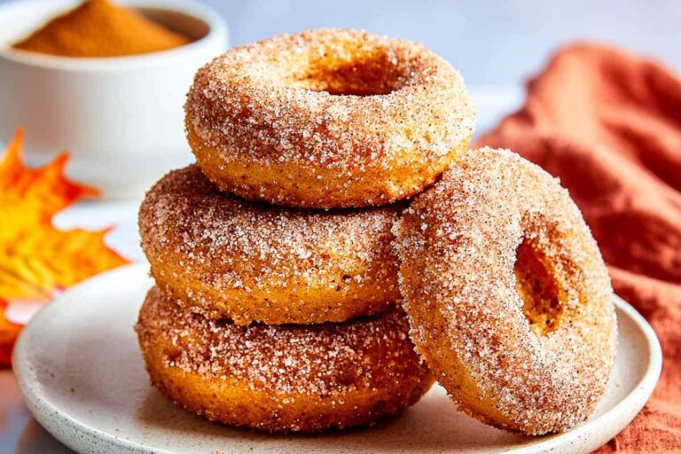 A plate of Pumpkin Cottage Cheese Donuts.