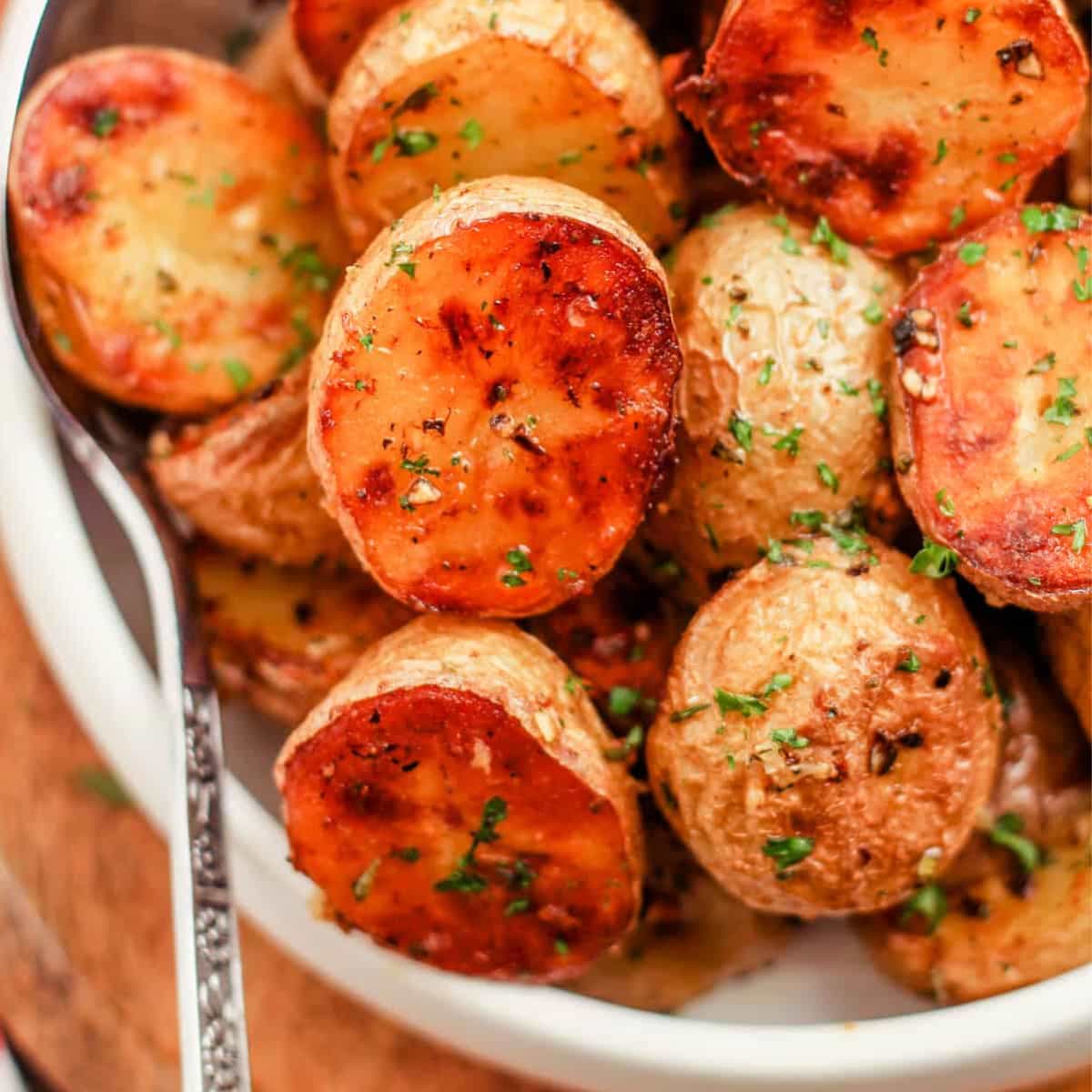 A dish of roasted baby potatoes.
