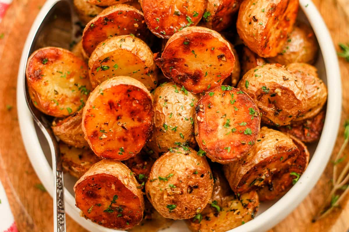 A dish of roasted baby potatoes.