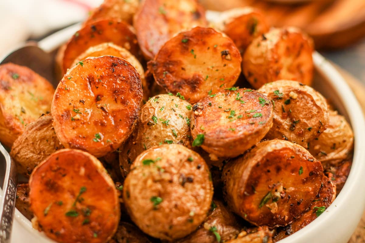 A dish of roasted baby potatoes.