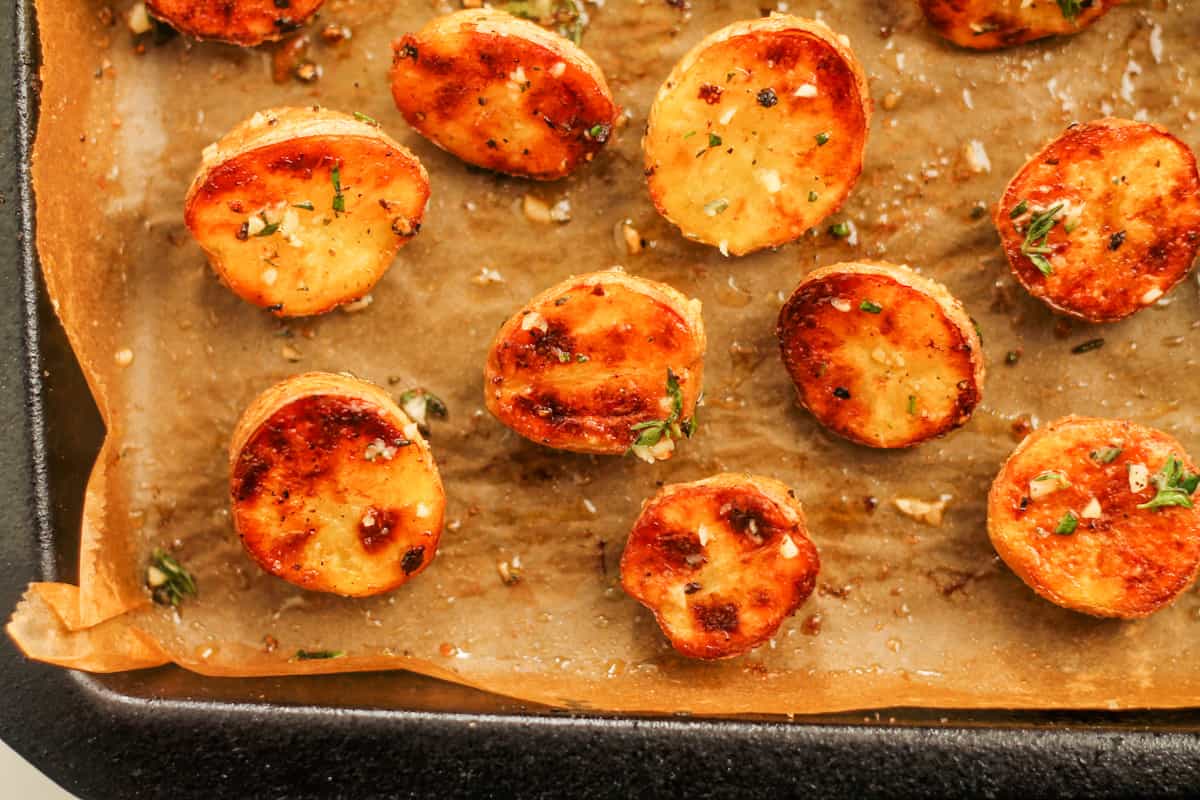 A pan of roasted baby potatoes.
