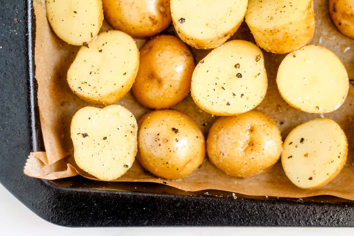 Potatoes on a sheet pan.