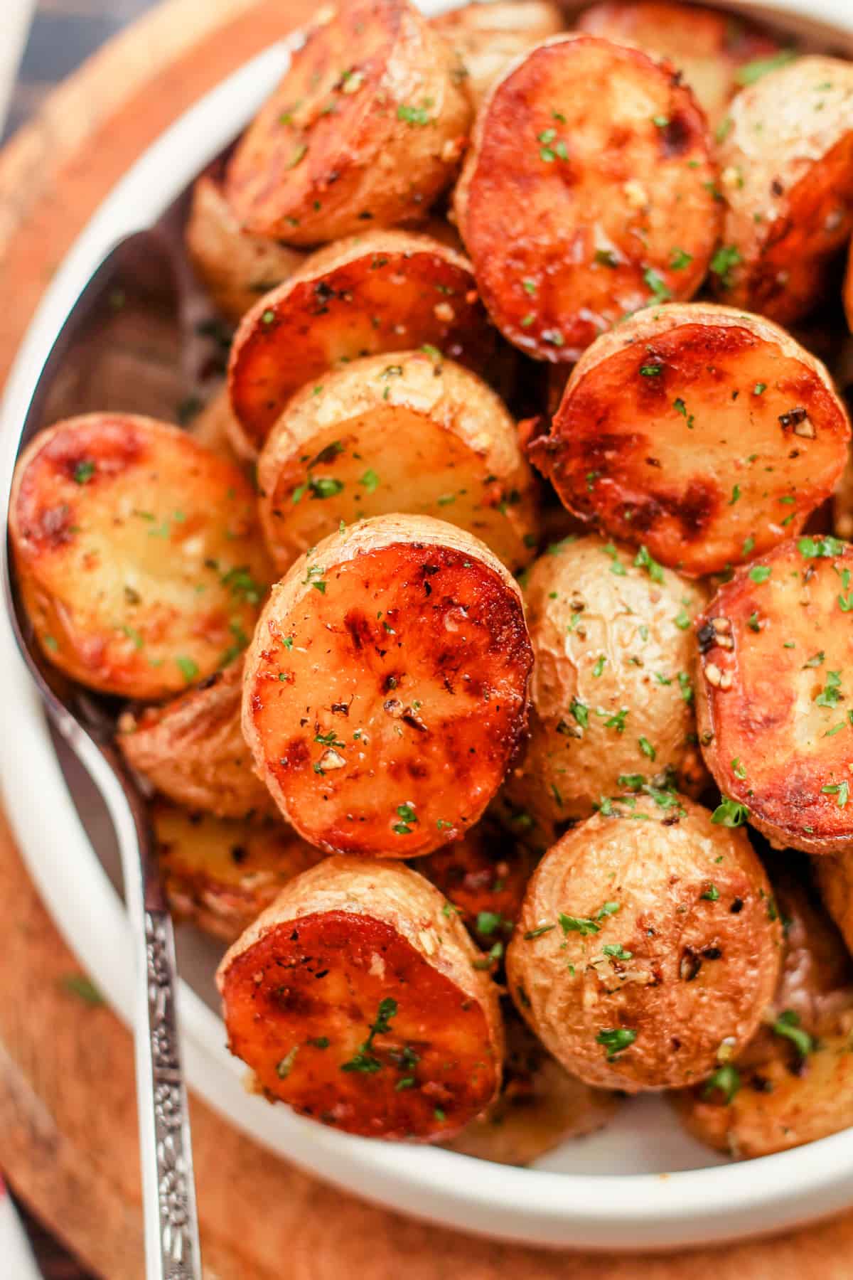 A dish of roasted baby potatoes.