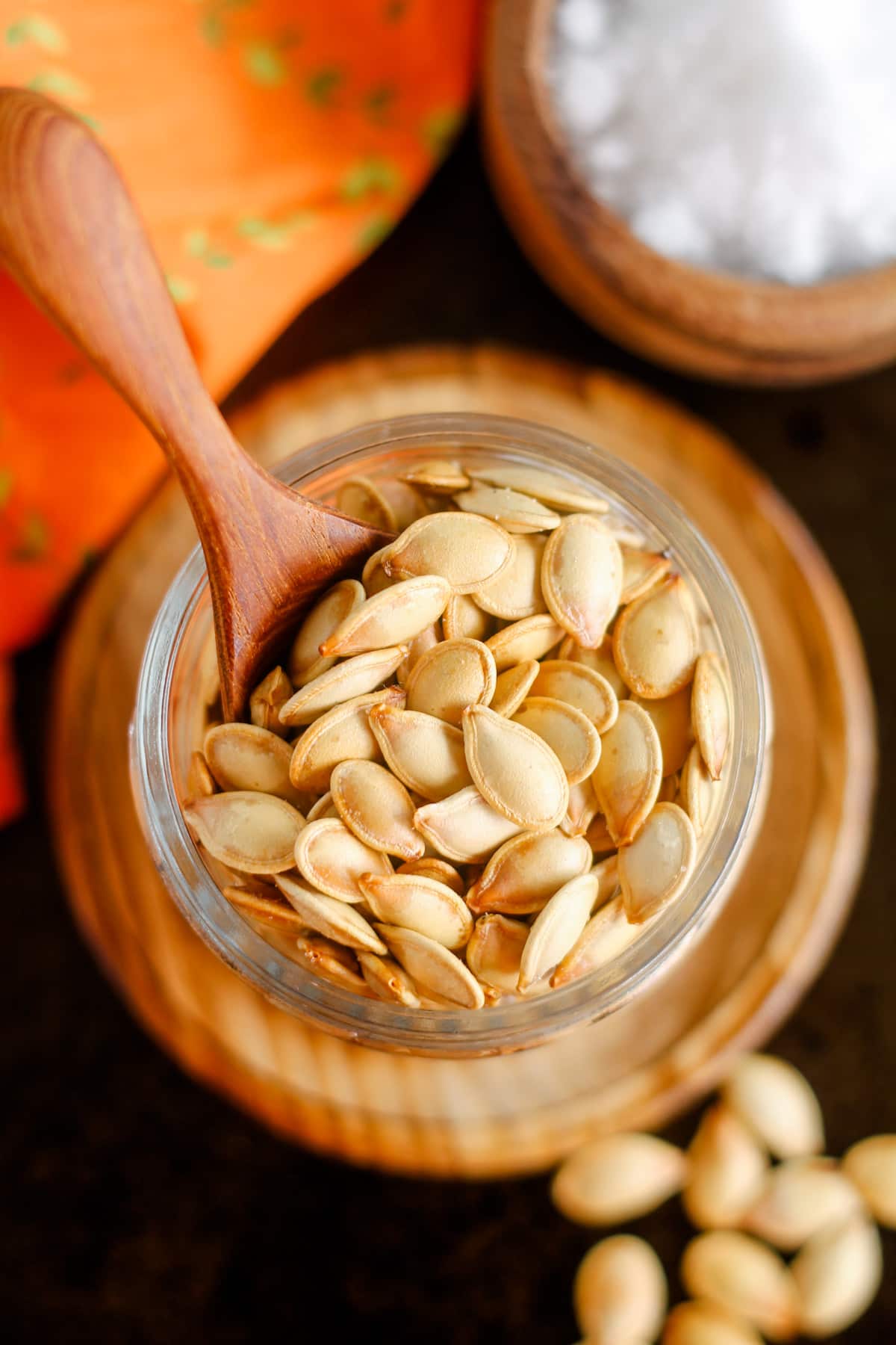 A dish of roasted pumpkin seeds.