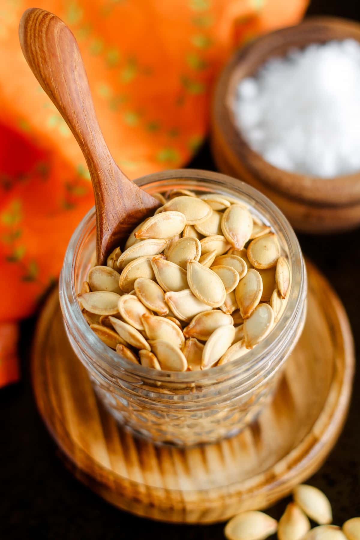 A dish of roasted pumpkin seeds.