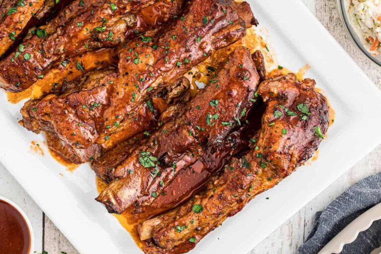 A dish of Slow Cooker Barbecued Ribs.