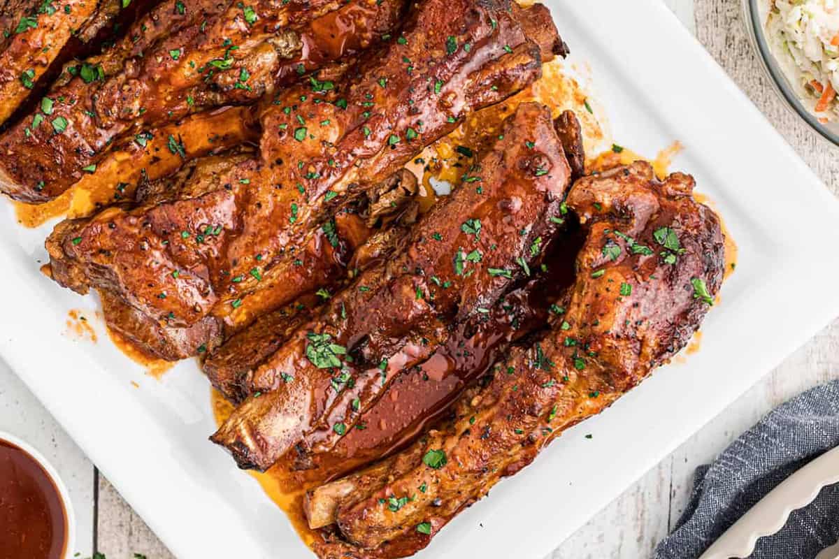 A dish of Slow Cooker Barbecued Ribs.