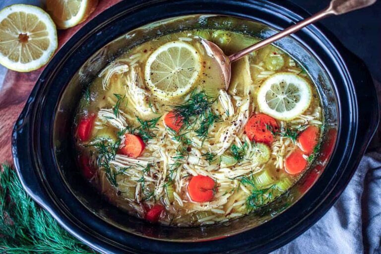 A dish of Crockpot Chicken Orzo Soup.