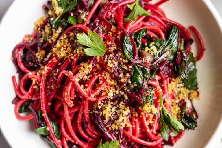 A dish of Spaghetti with Beets.