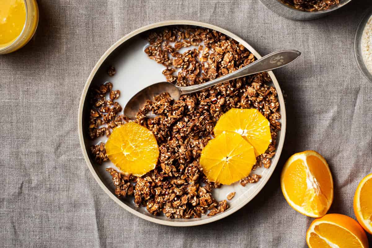 A dish of Tahini Granola with Orange.
