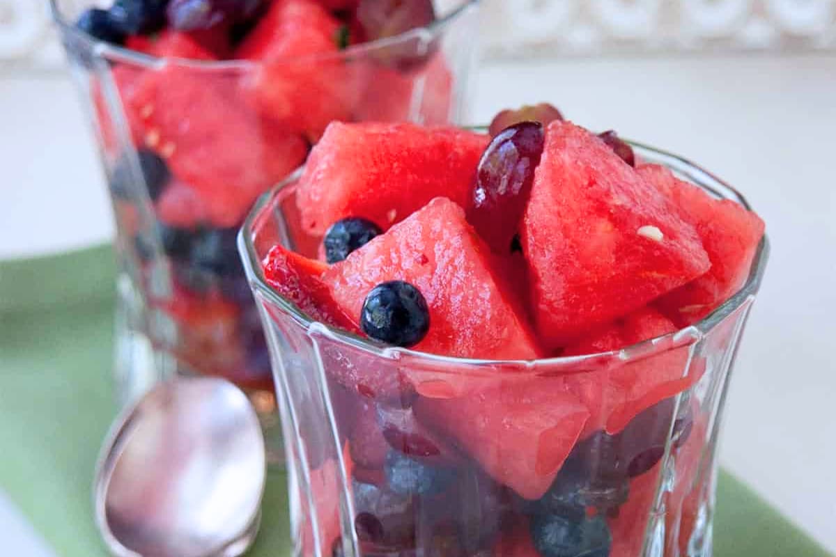 A dish of Watermelon Berry Mint Salad.