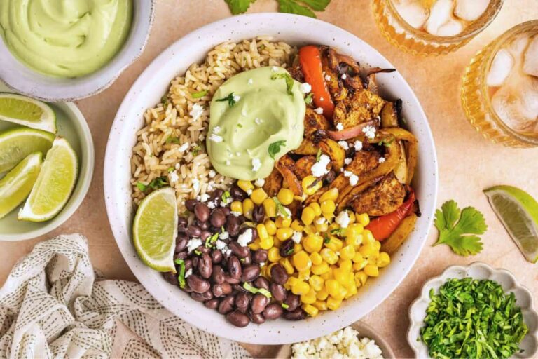 A bowl of Quick Air Fryer Chicken Fajita Bowl.