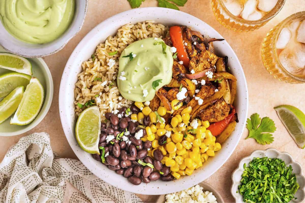 A bowl of Quick Air Fryer Chicken Fajita Bowl.