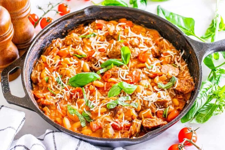 A dish of Italian Cannellini Bean and Sausage Skillet.
