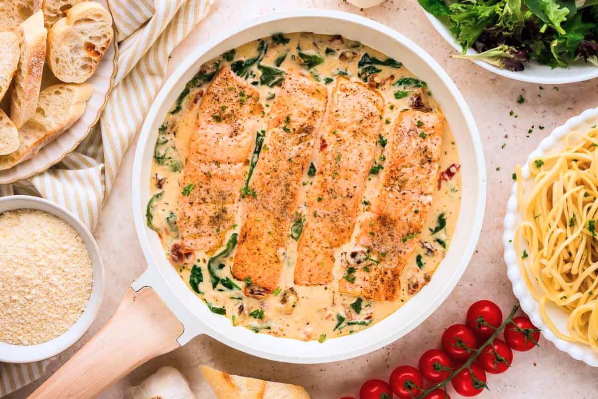 A pan of Creamy Garlic Tuscan Salmon.