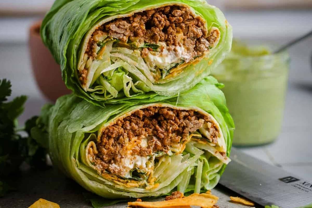 A dish of Healthy Beef Taco Lettuce Wraps.