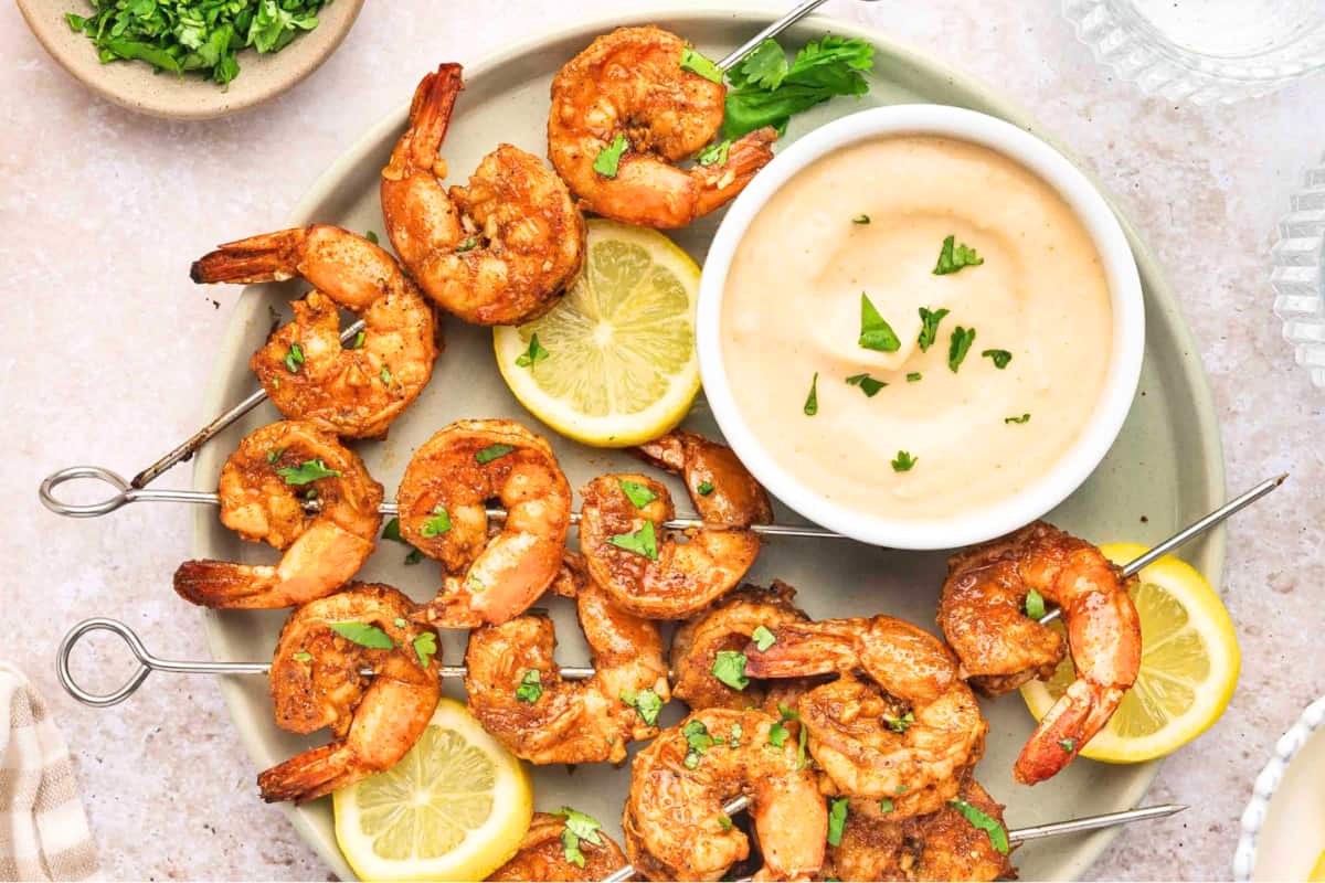 A dish of Old Bay Shrimp Skewers.