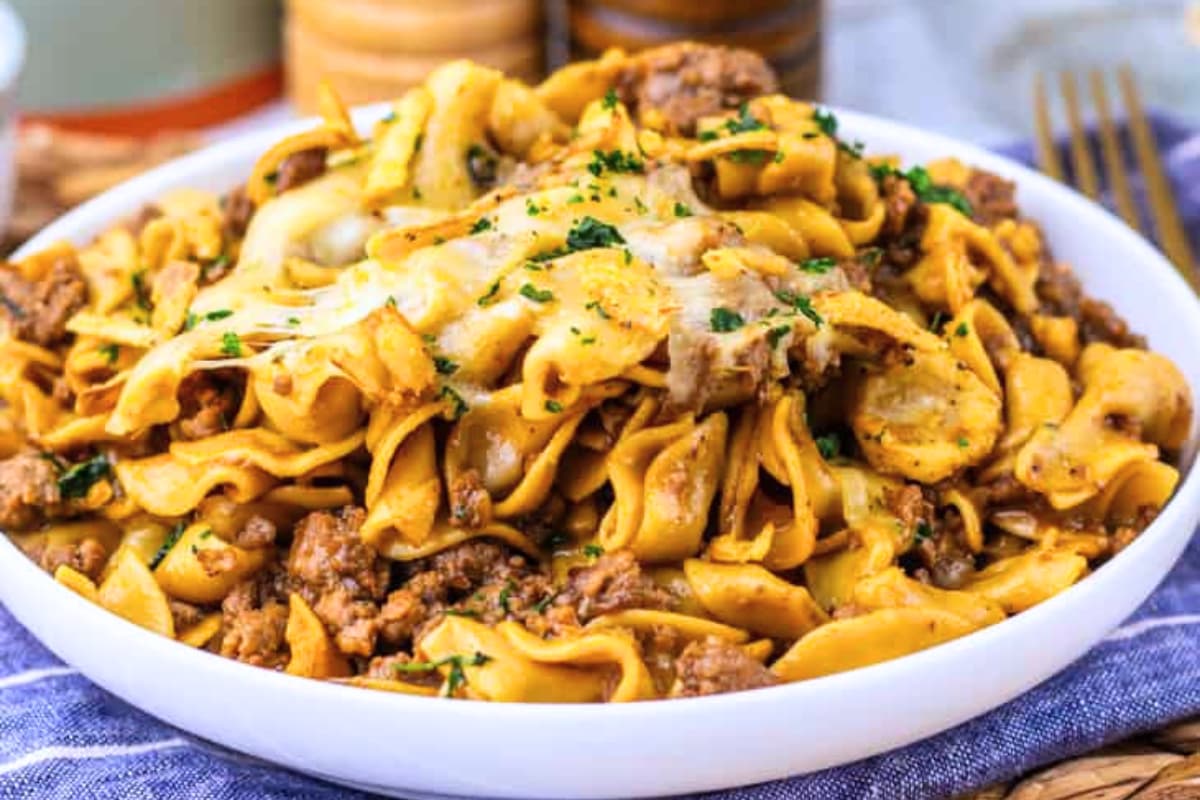 A plate of French Onion Beef Noodle Skillet.