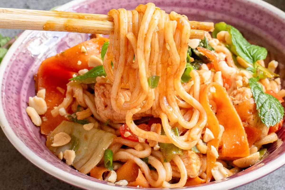 A dish of Bang Bang Chicken Noodles with Bok Choy.