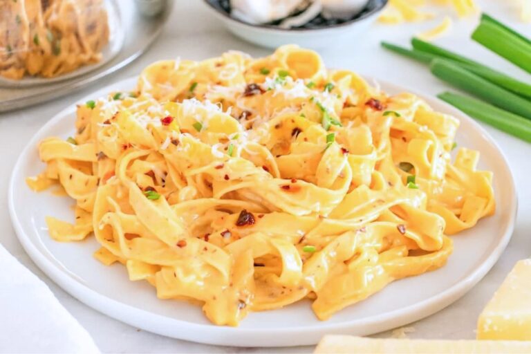 A dish of Chili Crisp Fettuccine Alfredo.