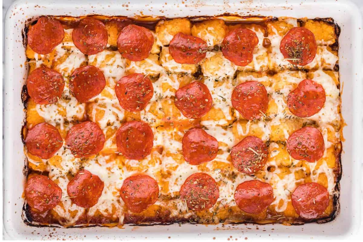 A dish of Pizza Tater Tot Casserole.