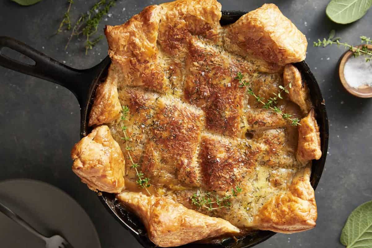 A dish of Light and Flaky Chicken Pot Pie.
