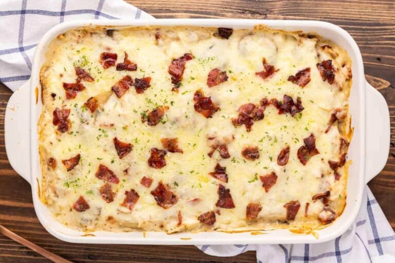 A dish of Chicken Alfredo Pierogi Casserole.