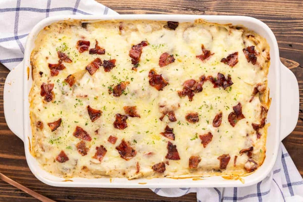 A dish of Chicken Alfredo Pierogi Casserole.