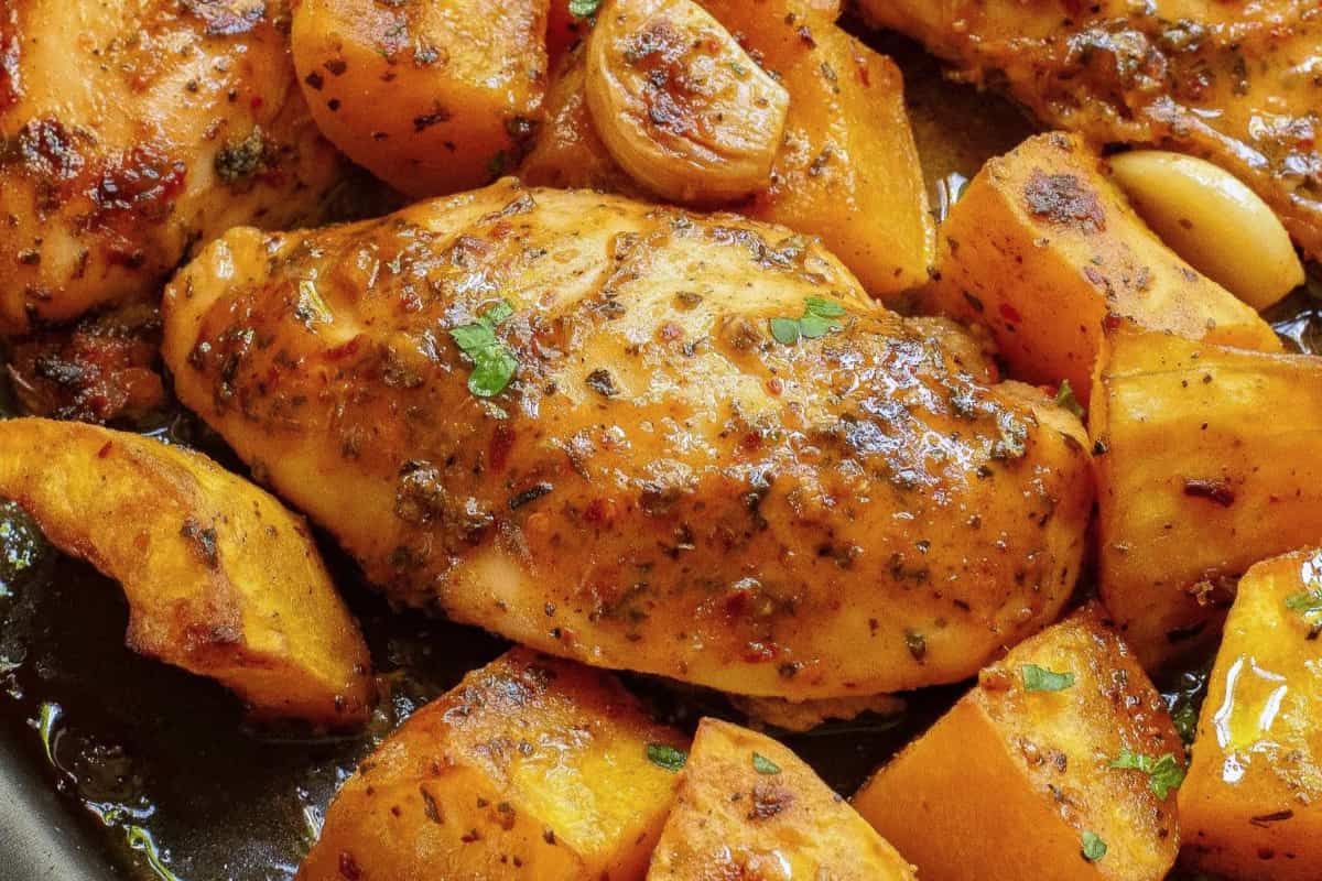 A dish of Sheet Pan Boneless Chicken Breast.