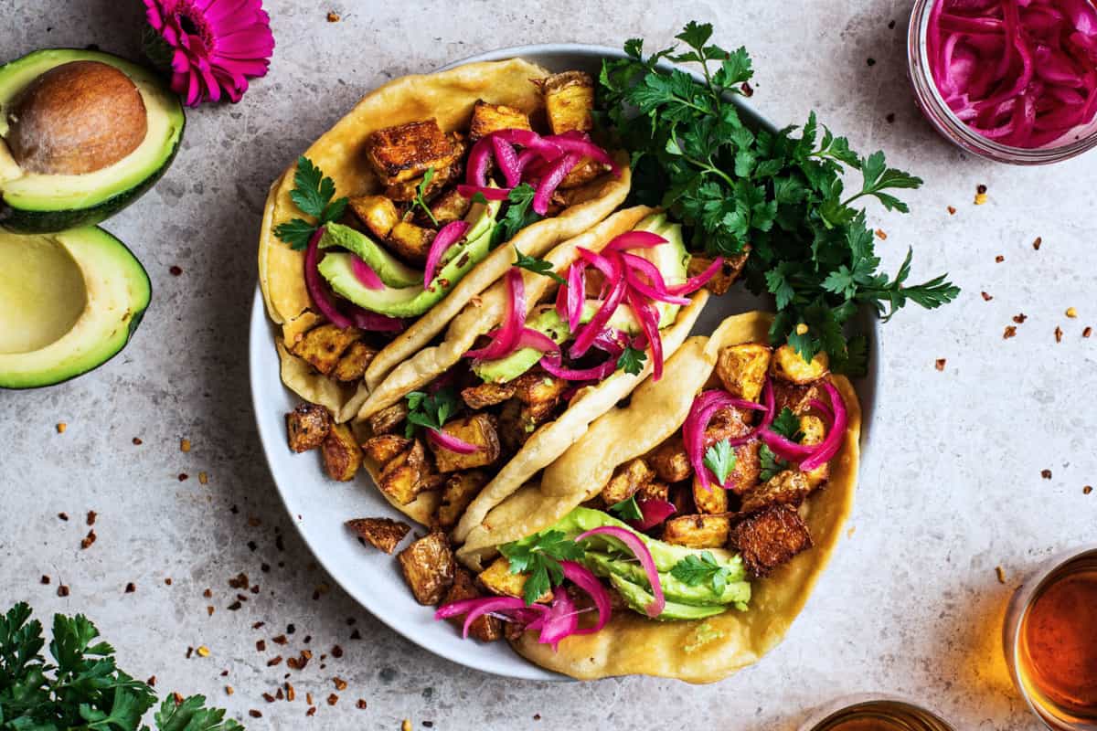 A dish of Roasted Potato Tacos.