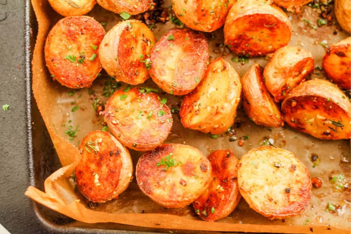 A dish of Roasted Baby Potatoes.
