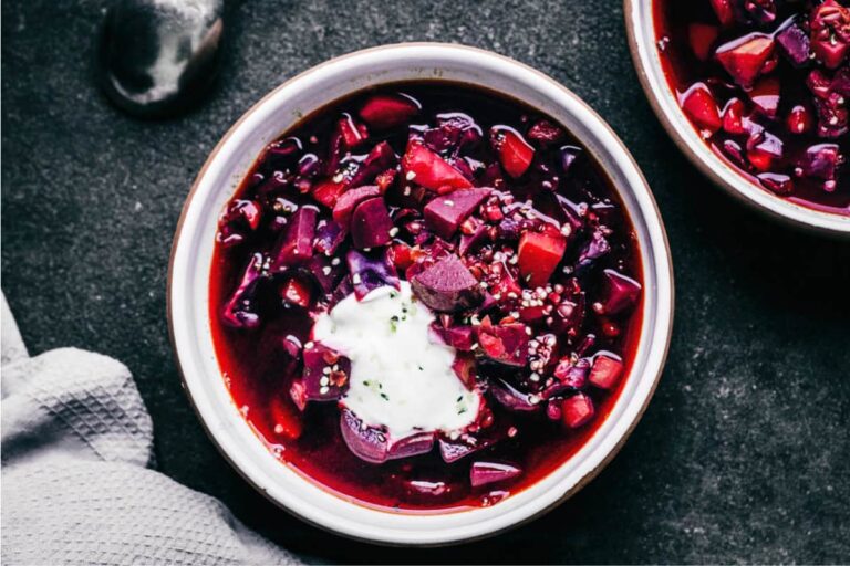A dish of Beetroot Soup with Lentils.